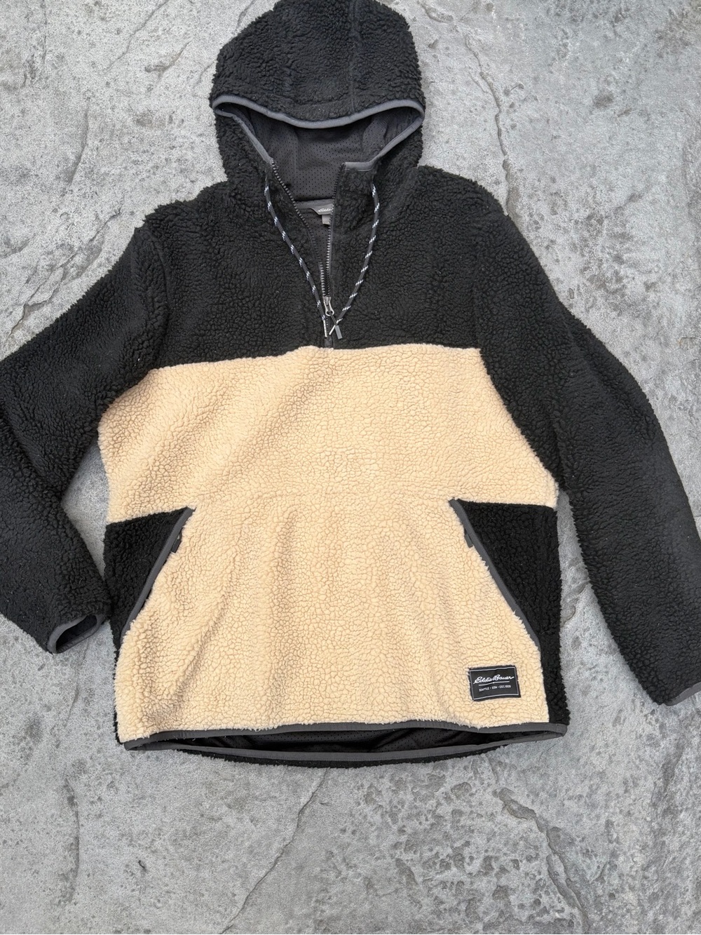 Eddie Bauer Black and Cream Sherpa Pullover Hoodie Jacket - Kids